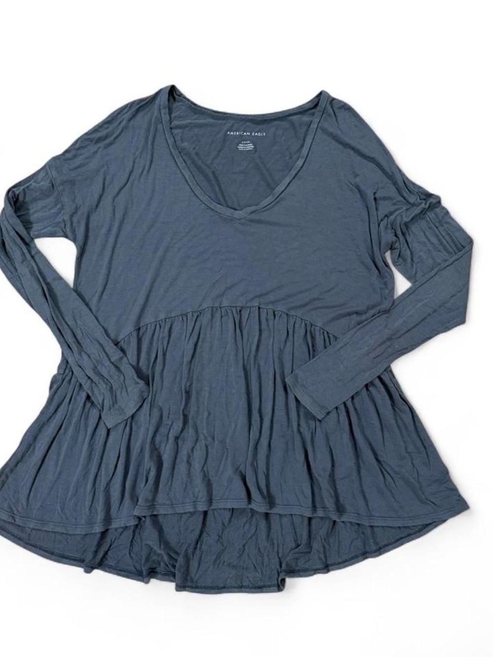 American Eagle Grey Long Sleeve Babydoll V-Neck Top Women’s Size S